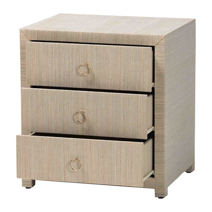 Quinn Bohemian Woven Natural Grasscloth 3-Drawer Nightstand