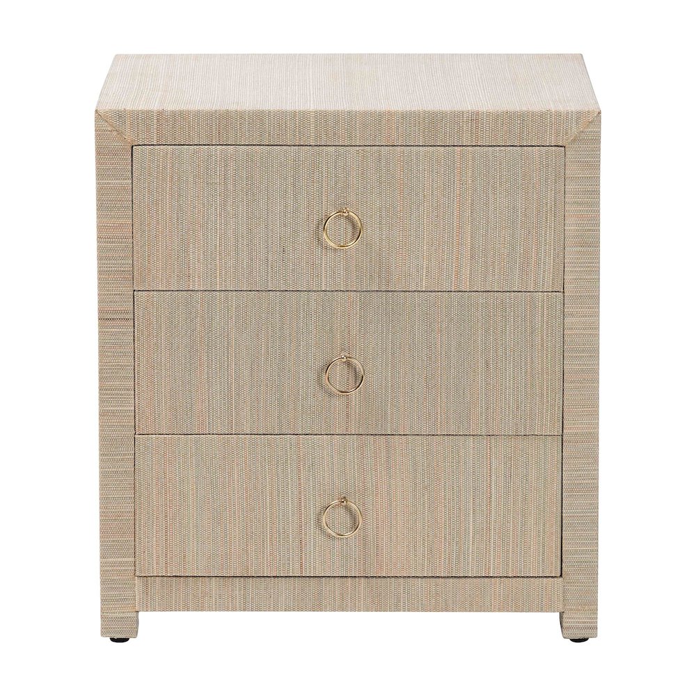Quinn Bohemian Woven Natural Grasscloth 3-Drawer Nightstand