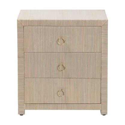 Quinn Bohemian Woven Natural Grasscloth 3-Drawer Nightstand