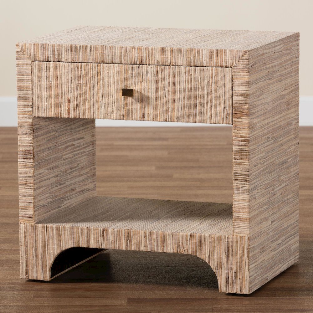 Julia Bohemian Woven Natural Grasscloth 1-Drawer Nightstand