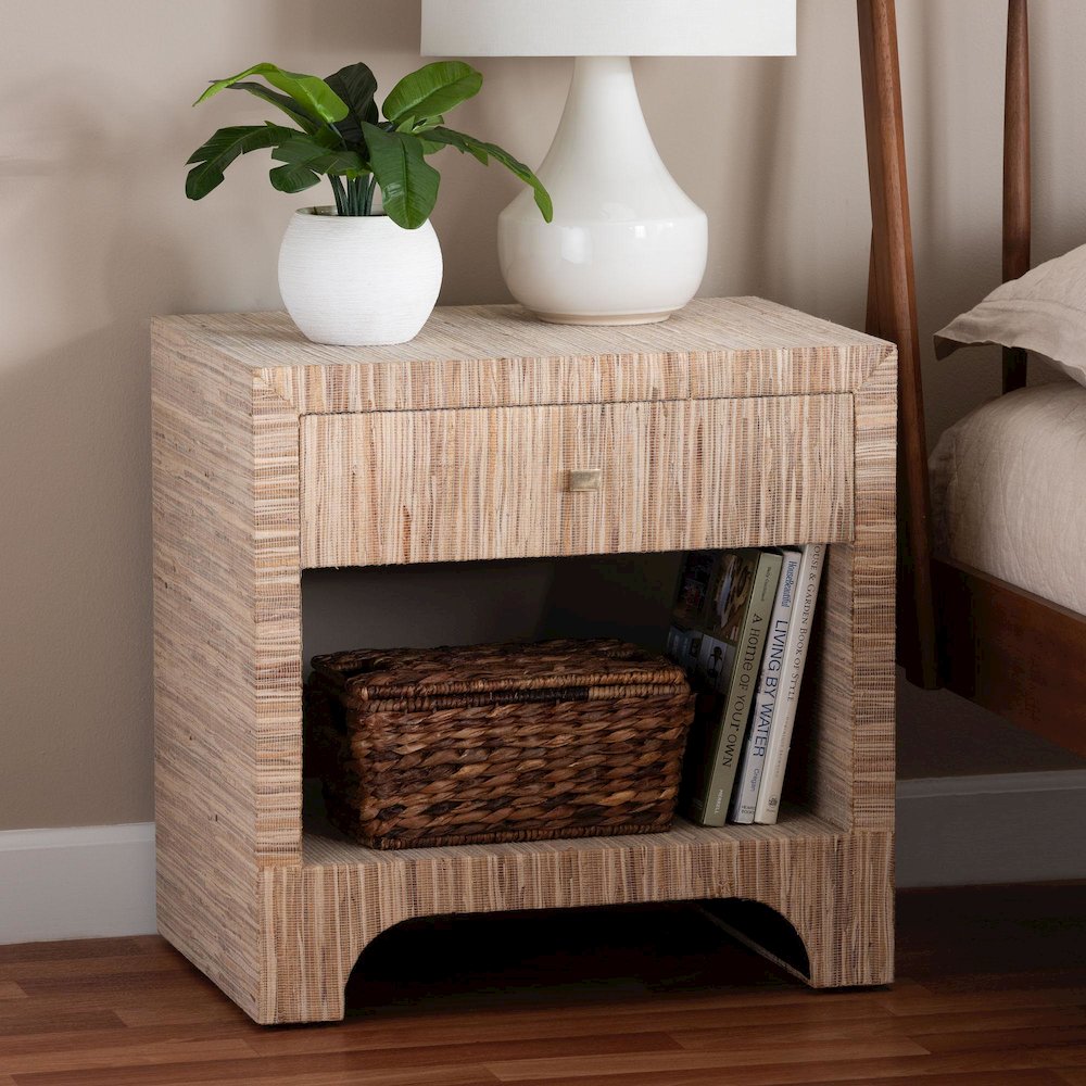Julia Bohemian Woven Natural Grasscloth 1-Drawer Nightstand