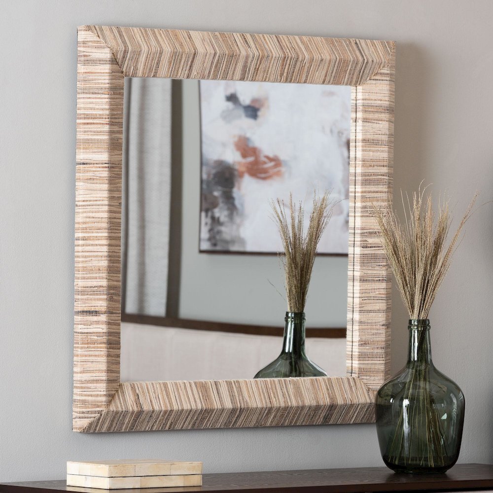 Adino Bohemian Woven Natural Grasscloth Rectangle Accent Mirror
