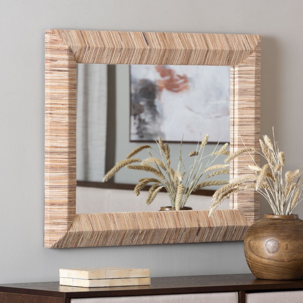 Adino Bohemian Woven Natural Grasscloth Square Accent Mirror