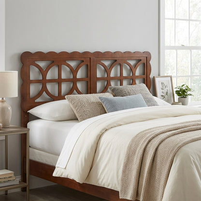 Wood Full Headboard Walnut Brown, Scalloped Frame, Geometric Cutout Panel