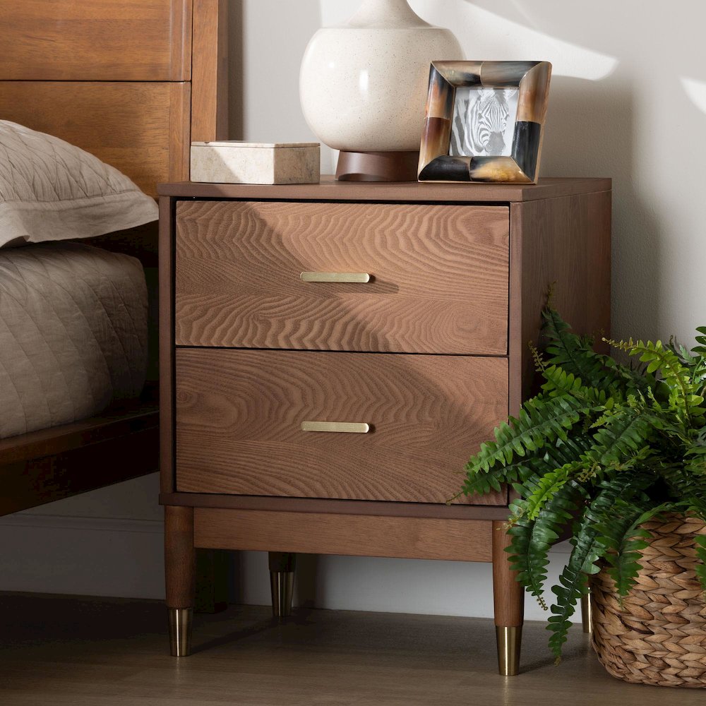 Mandolin Mid-Century Ash Walnut Wood 2-Drawer Nightstand