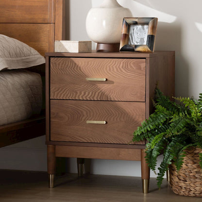 Mandolin Mid-Century Ash Walnut Wood 2-Drawer Nightstand
