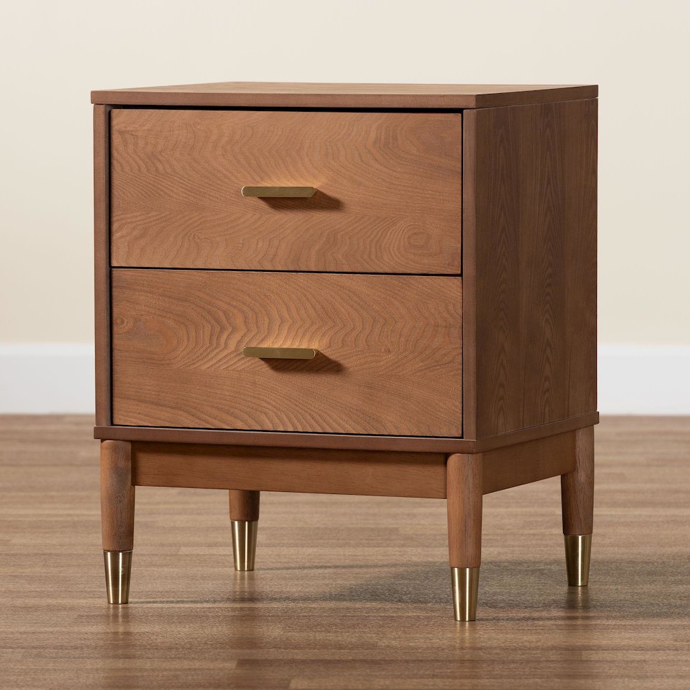 Mandolin Mid-Century Ash Walnut Wood 2-Drawer Nightstand
