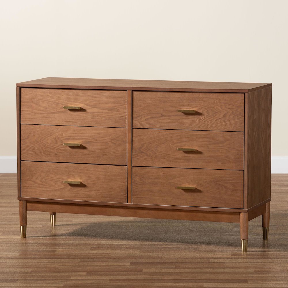 Mandolin Mid-Century Ash Walnut Wood 6-Drawer Dresser