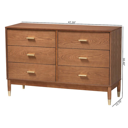 Mandolin Mid-Century Ash Walnut Wood 6-Drawer Dresser