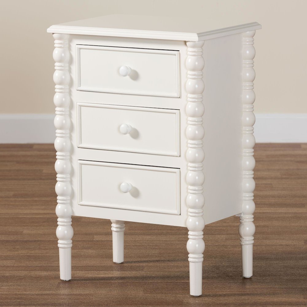 Malinda Classic White Wood 3-Drawer End Table with Spindle Legs