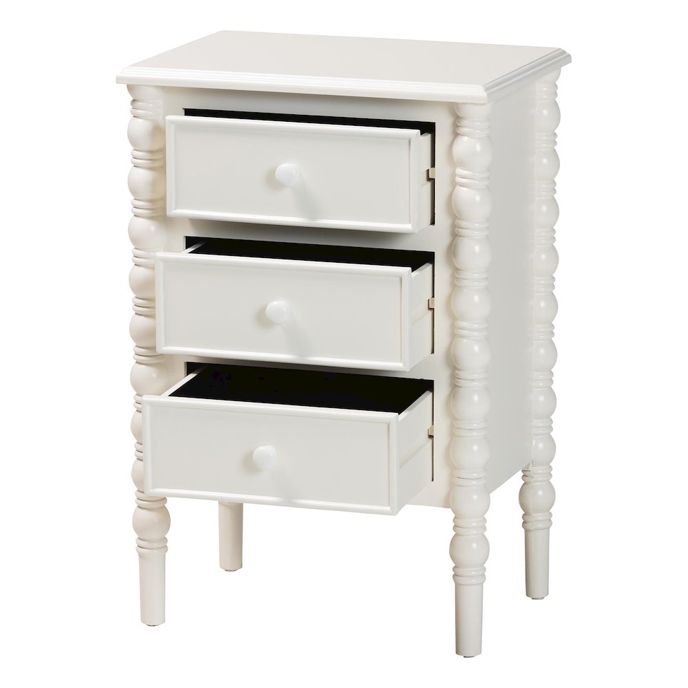 Malinda Classic White Wood 3-Drawer End Table with Spindle Legs