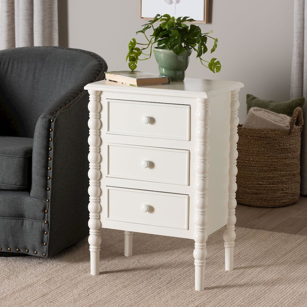 Malinda Classic White Wood 3-Drawer End Table with Spindle Legs