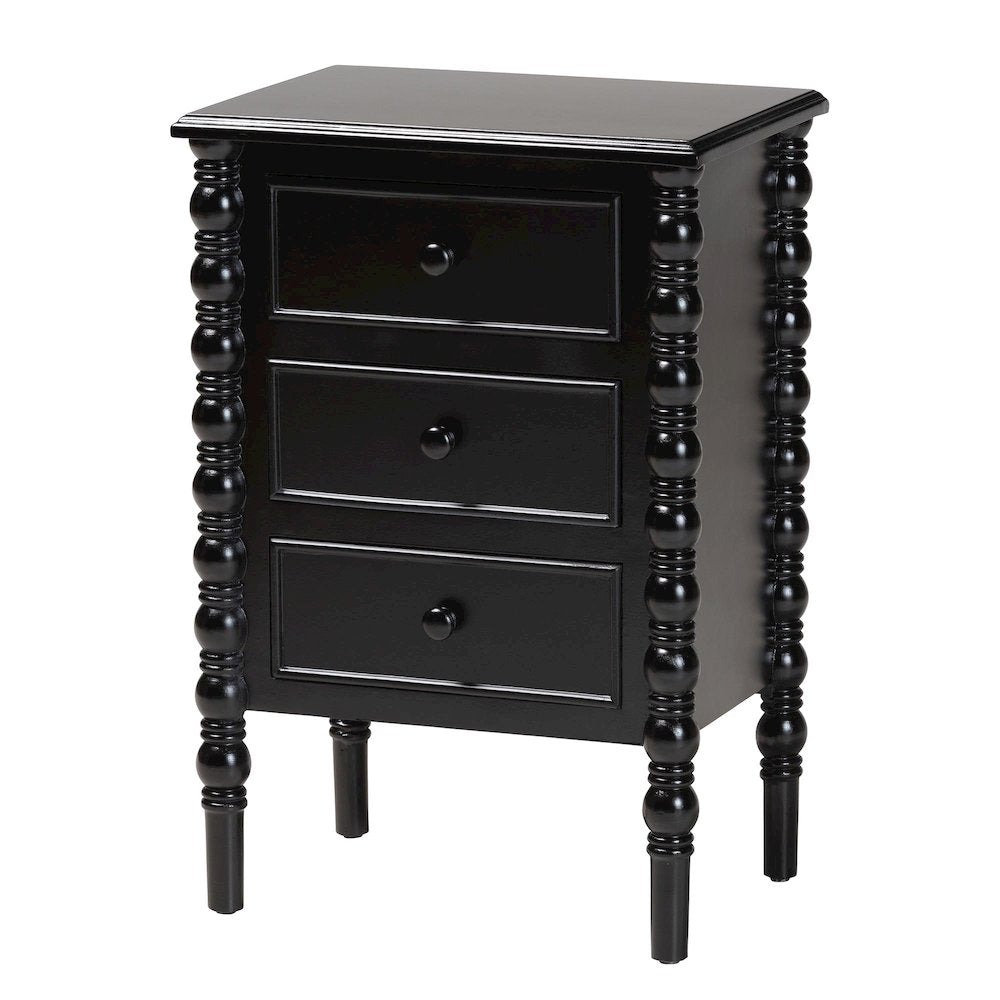 Malinda Classic Black Wood 3-Drawer End Table with Spindle Legs