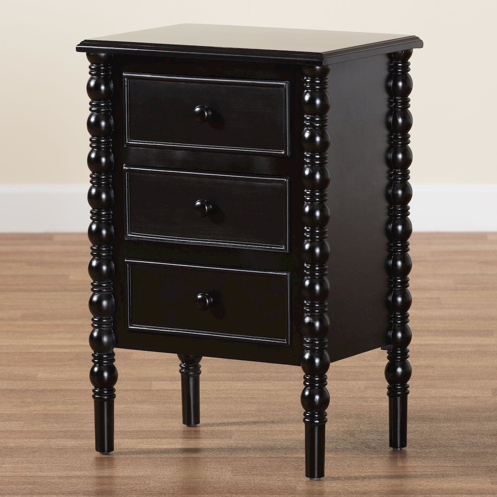 Malinda Classic Black Wood 3-Drawer End Table with Spindle Legs