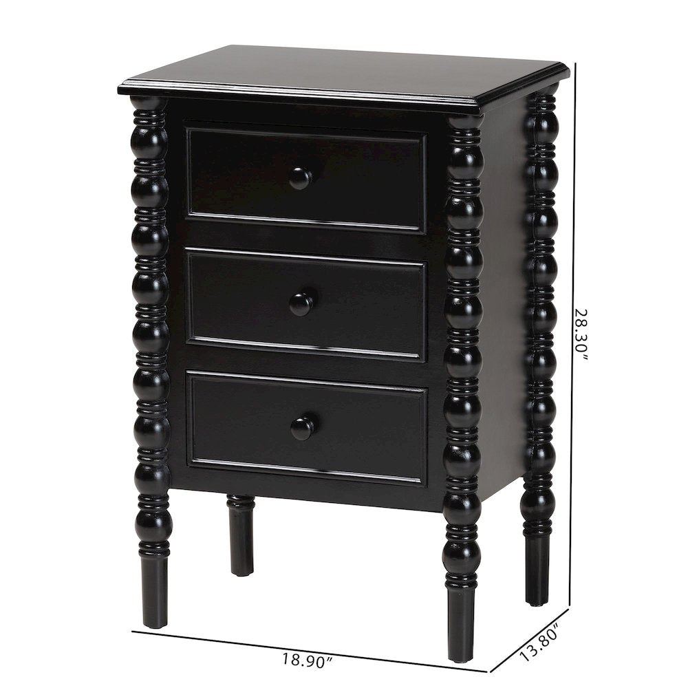 Malinda Classic Black Wood 3-Drawer End Table with Spindle Legs
