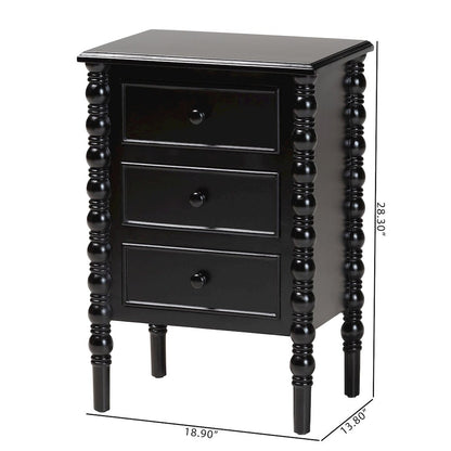 Malinda Classic Black Wood 3-Drawer End Table with Spindle Legs