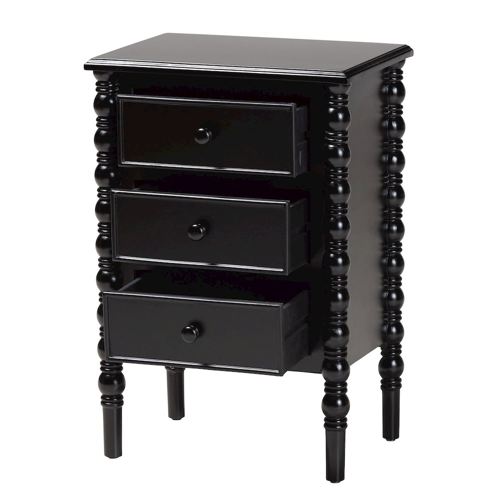 Malinda Classic Black Wood 3-Drawer End Table with Spindle Legs