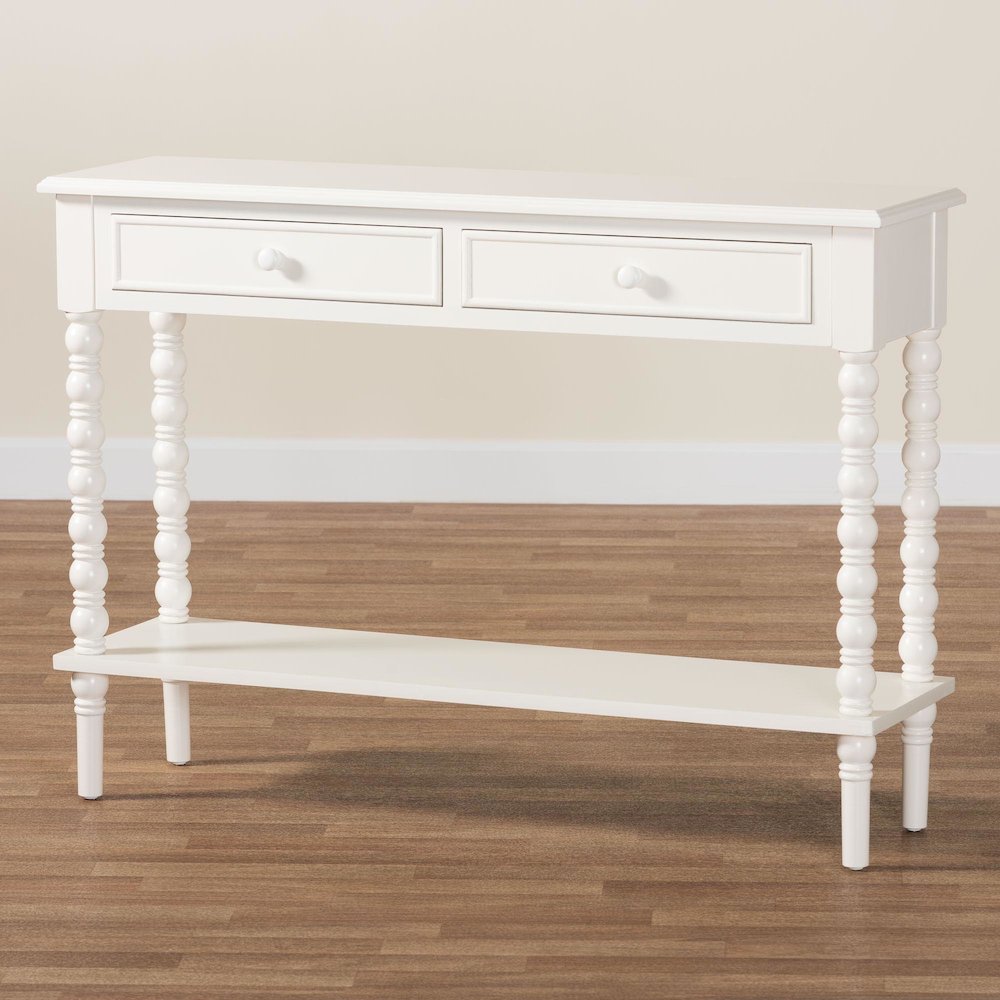Malinda Classic White Wood 2-Drawer Console Table with Spindle Legs