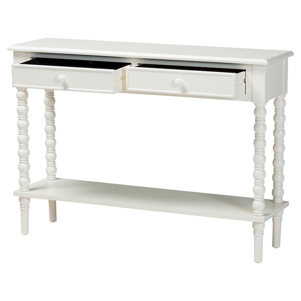 Malinda Classic White Wood 2-Drawer Console Table with Spindle Legs