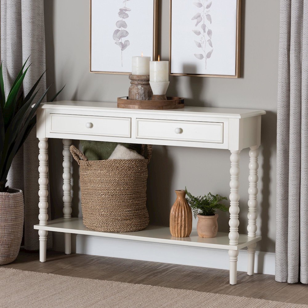 Malinda Classic White Wood 2-Drawer Console Table with Spindle Legs