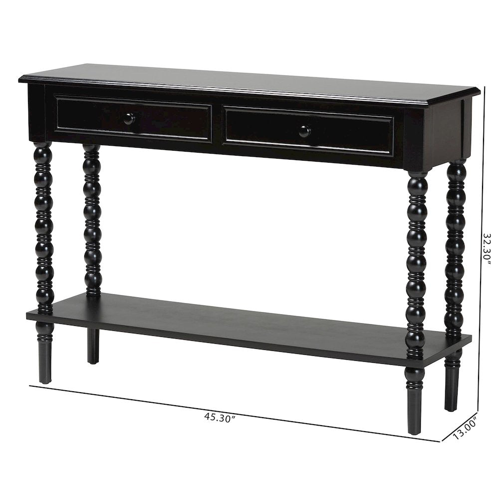 Malinda Classic Black Wood 2-Drawer Console Table with Spindle Legs