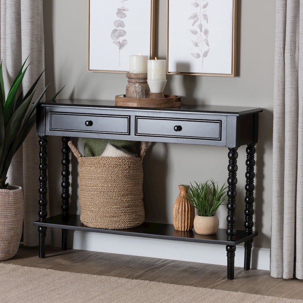 Malinda Classic Black Wood 2-Drawer Console Table with Spindle Legs