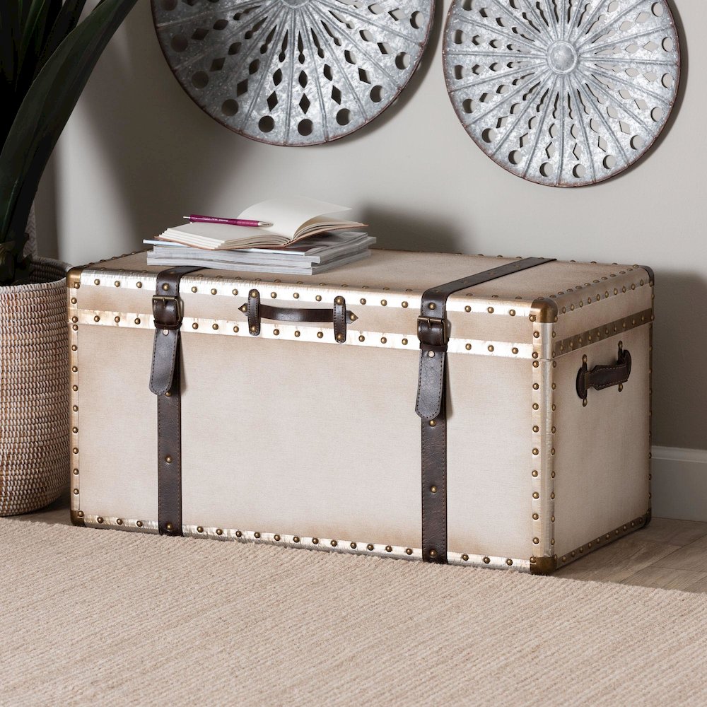 Nevio Vintage Weathered White Canvas Storage Trunk