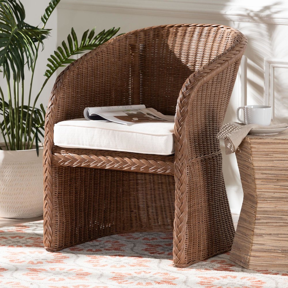 Memphis Bohemian Peanut Brown Braided Rattan Arm Chair