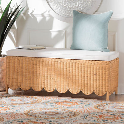 Teresa Bohemian Light Honey Scalloped Rattan Ottoman Bench