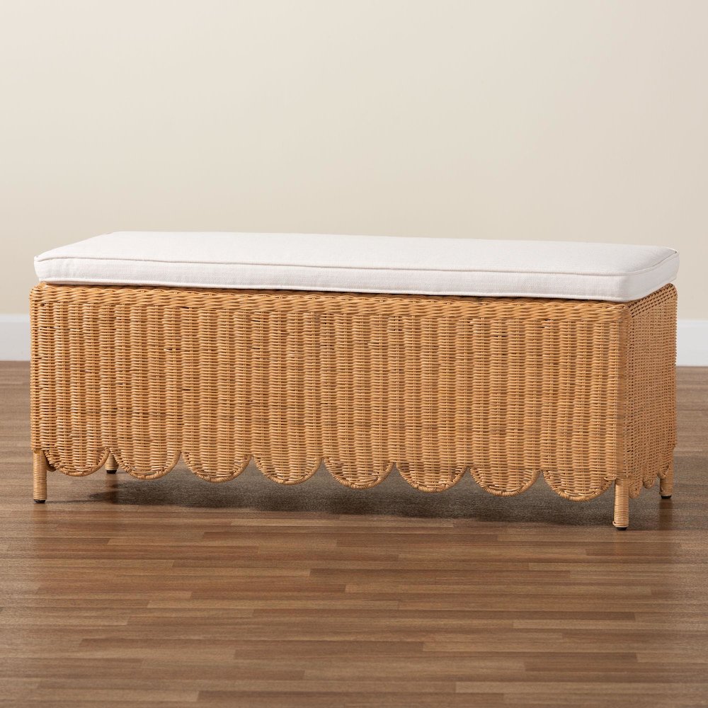 Teresa Bohemian Light Honey Scalloped Rattan Ottoman Bench