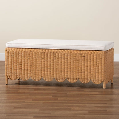 Teresa Bohemian Light Honey Scalloped Rattan Ottoman Bench