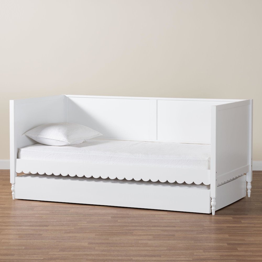 Roni Modern White Scalloped Wood Twin Daybed with Trundle