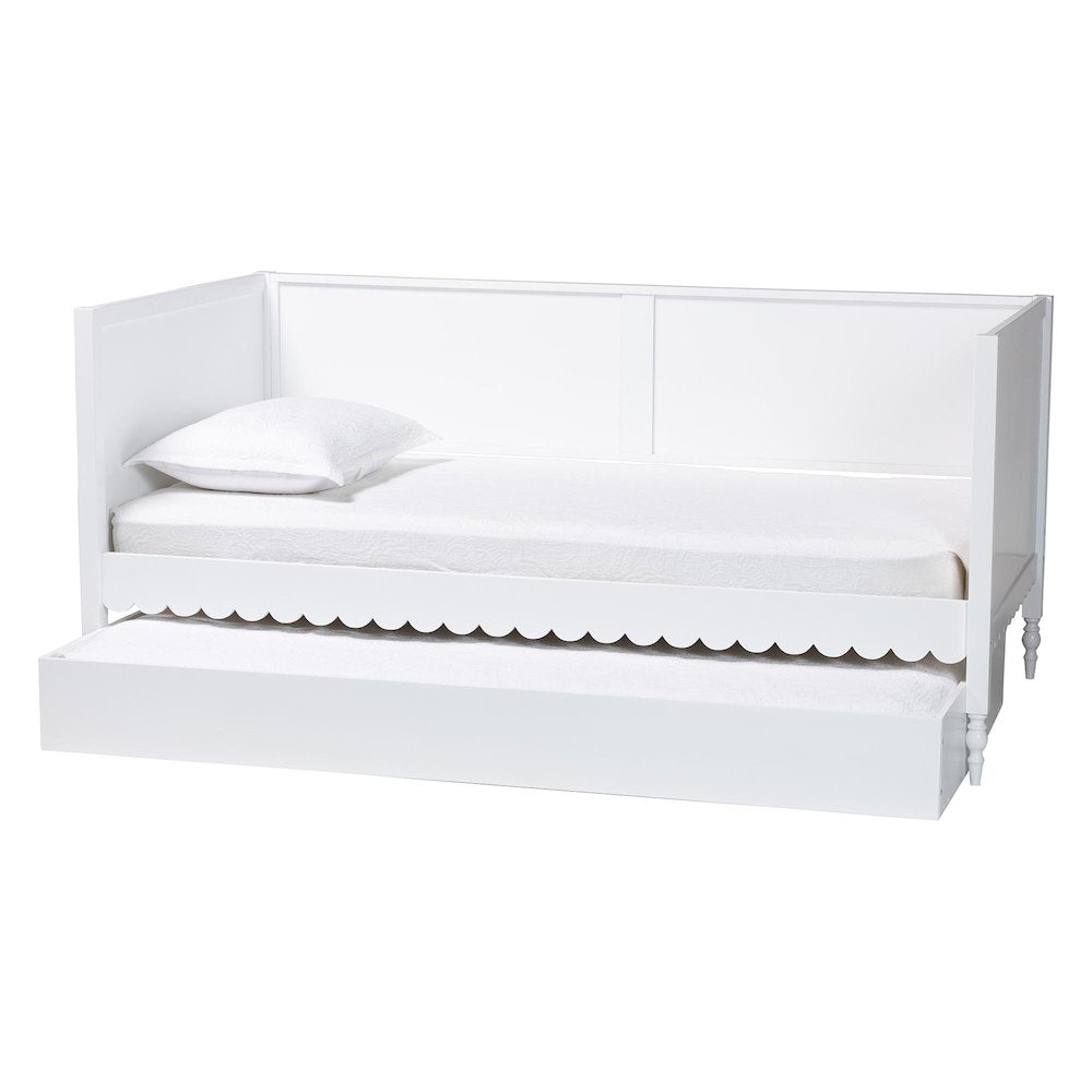Roni Modern White Scalloped Wood Twin Daybed with Trundle