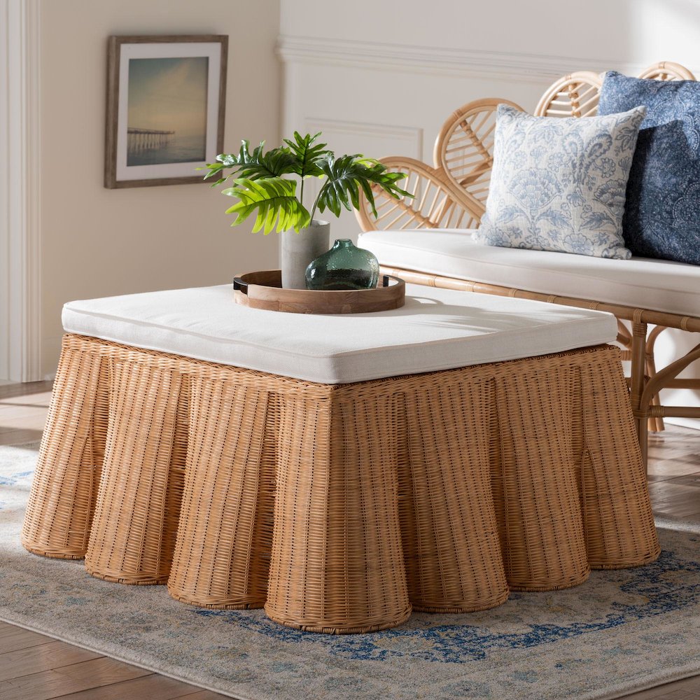 Palm Scallop Natural Rattan Ottoman with Cushion