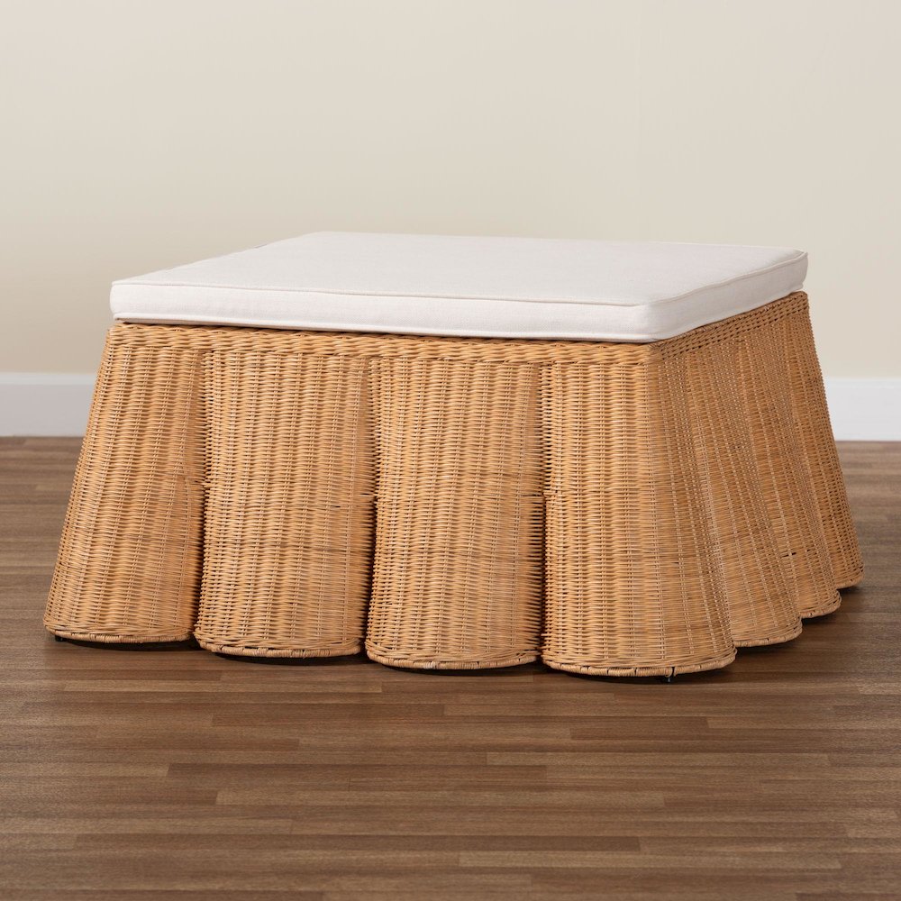 Palm Scallop Natural Rattan Ottoman with Cushion
