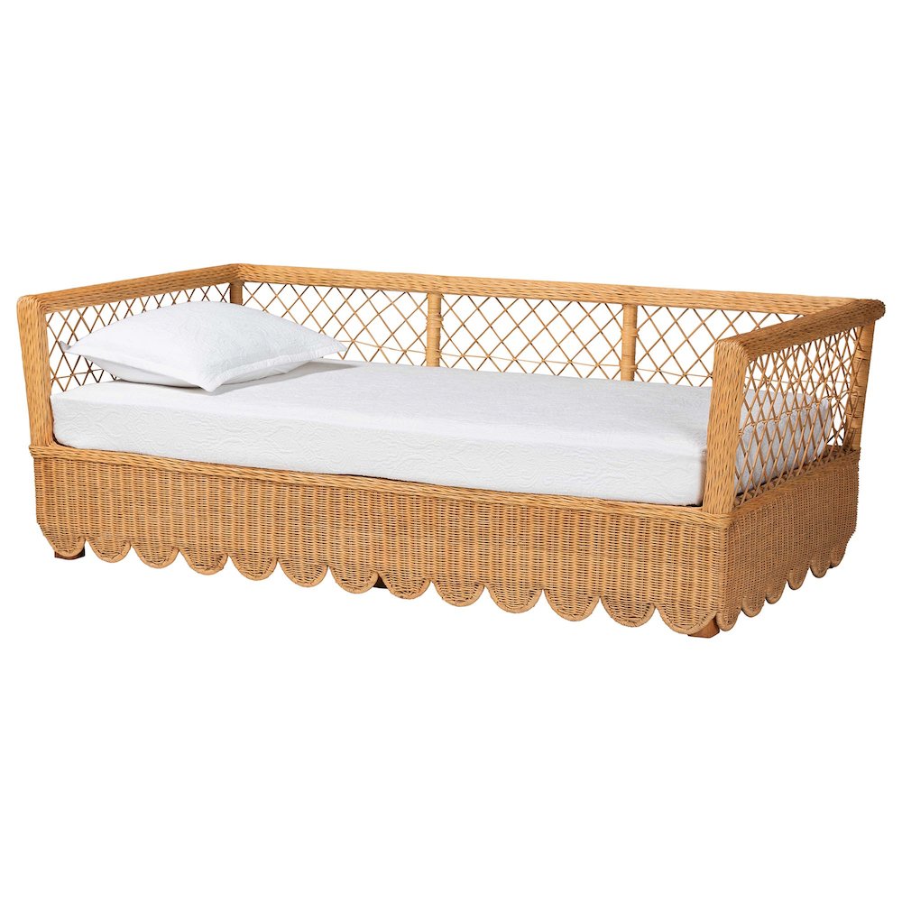 Natural Rattan Daybed - Handwoven Sofa Bed Frame with Scalloped Edge