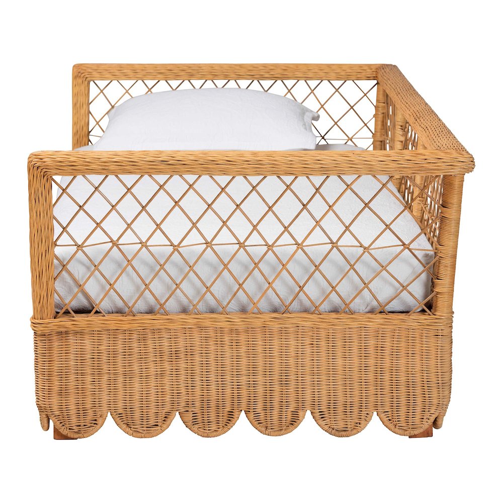 Natural Rattan Daybed - Handwoven Sofa Bed Frame with Scalloped Edge