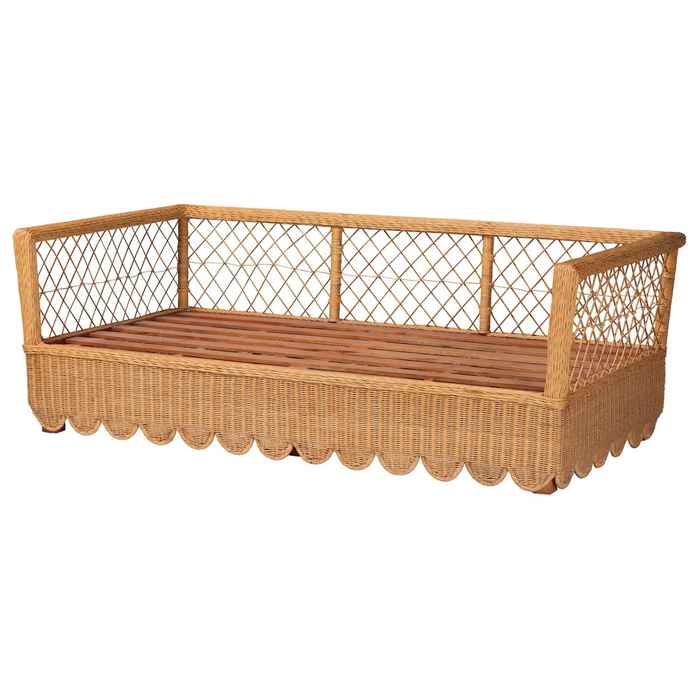 Natural Rattan Daybed - Handwoven Sofa Bed Frame with Scalloped Edge