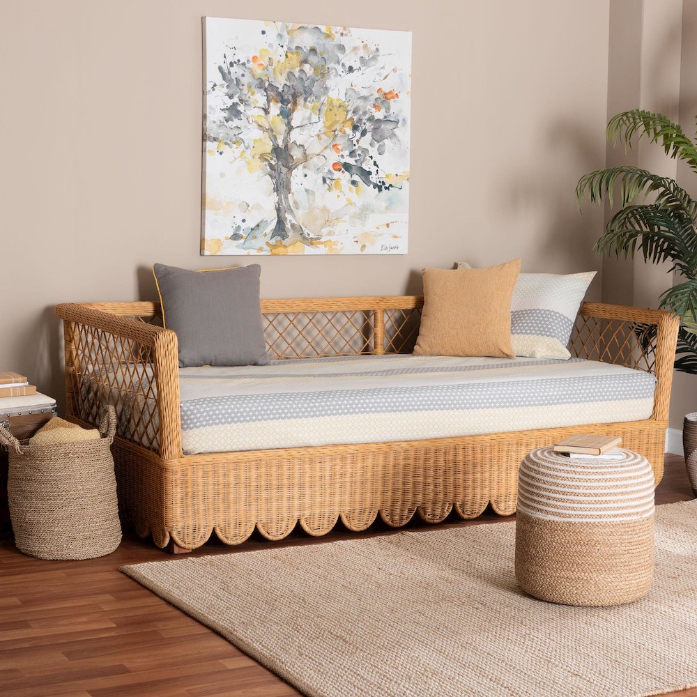Natural Rattan Daybed - Handwoven Sofa Bed Frame with Scalloped Edge