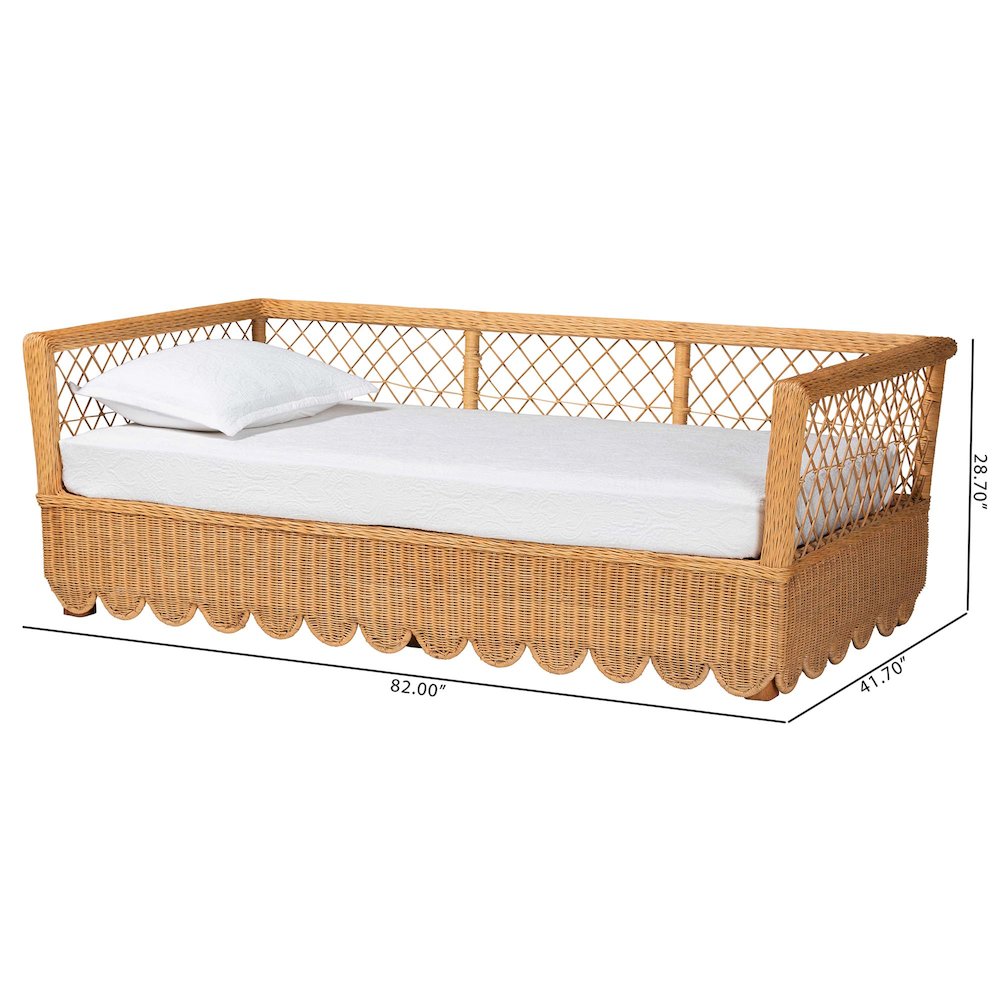 Natural Rattan Daybed - Handwoven Sofa Bed Frame with Scalloped Edge
