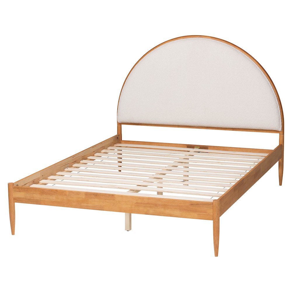Dawson Japandi Cream Teddy Fabric and Oak Brown Wood Queen Bed