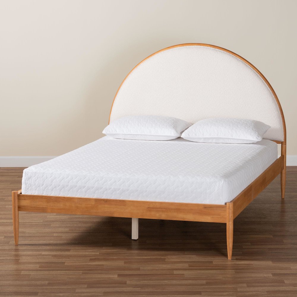 Dawson Japandi Cream Teddy Fabric and Oak Brown Wood Queen Bed