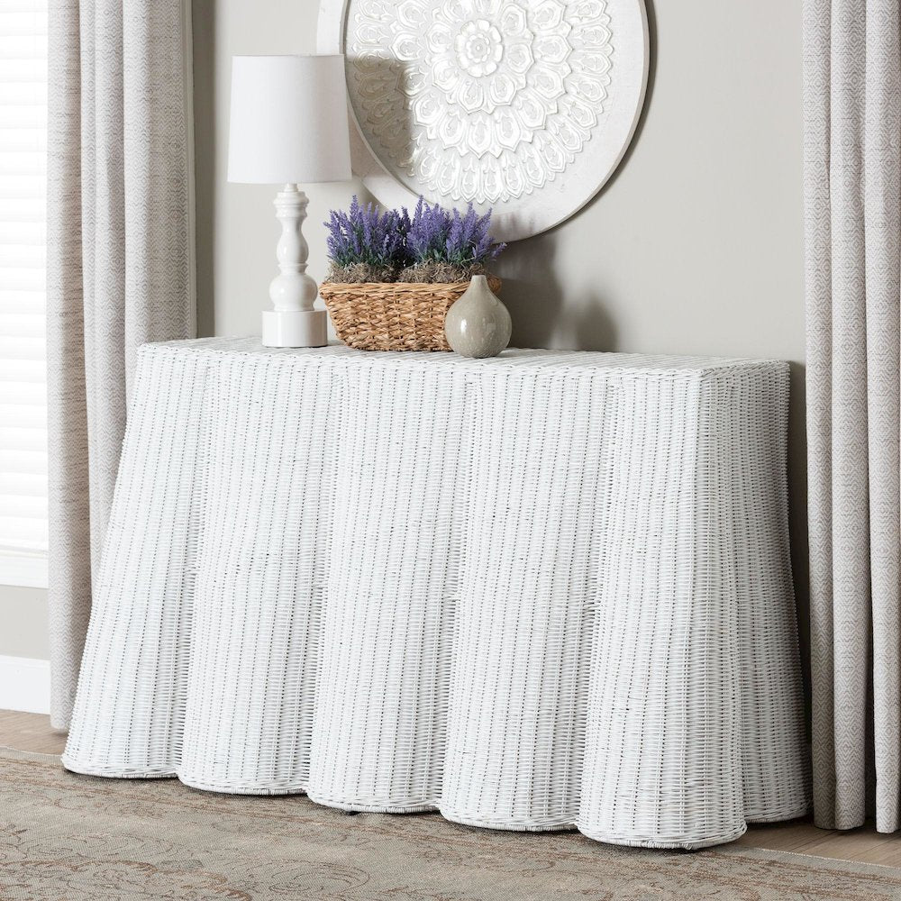 Palm Bohemian White Scallop Rattan Console Table