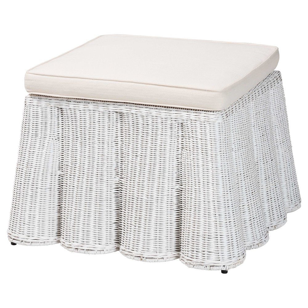 Palm Bohemian White Scallop Rattan Ottoman