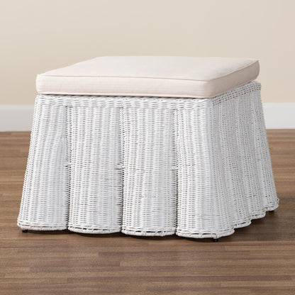 Palm Bohemian White Scallop Rattan Ottoman
