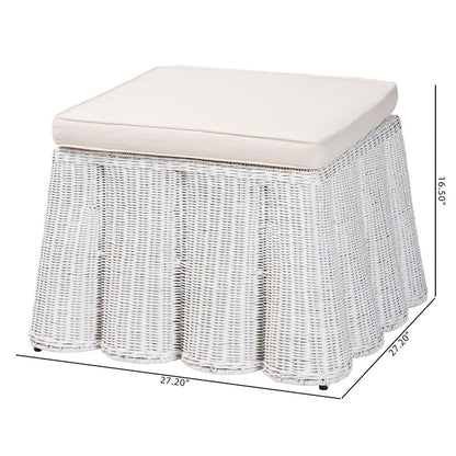 Palm Bohemian White Scallop Rattan Ottoman