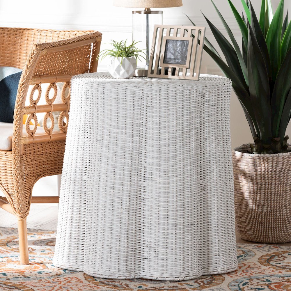 Palm Bohemian White Scalloped Rattan Console Table