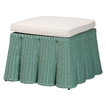 Palm Bohemian Seafoam Green Scallop Rattan Ottoman