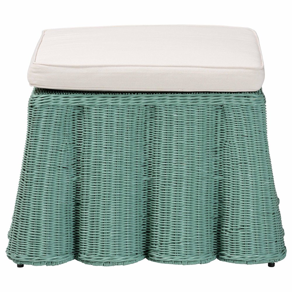 Palm Bohemian Seafoam Green Scallop Rattan Ottoman