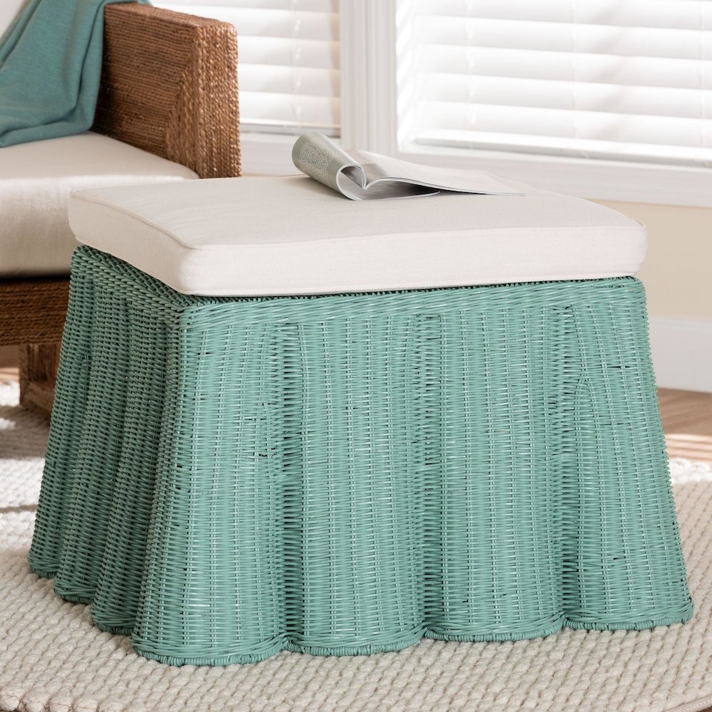 Palm Bohemian Seafoam Green Scallop Rattan Ottoman